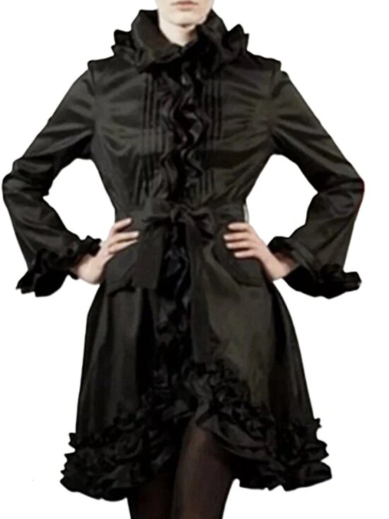 Samuel Dong Jackets & Blazers - Samuel Dong Black Ruffle Statement Trench Coat Dress Belted Full Zip Size L